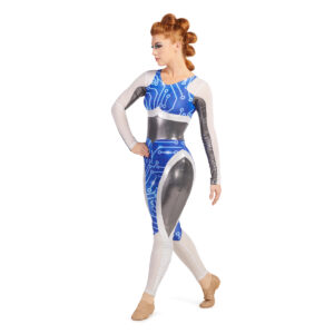 Custom long sleeve pant color guard unitard. Arms are half white mesh and half silver. White mesh continues on chest and goes into blue techno lines on body and inside of legs to knees. White rest of the inside leg up in stripe on outside leg and over hip rest of hip and outside leg is silver. Front left three-quarters view of model posing.