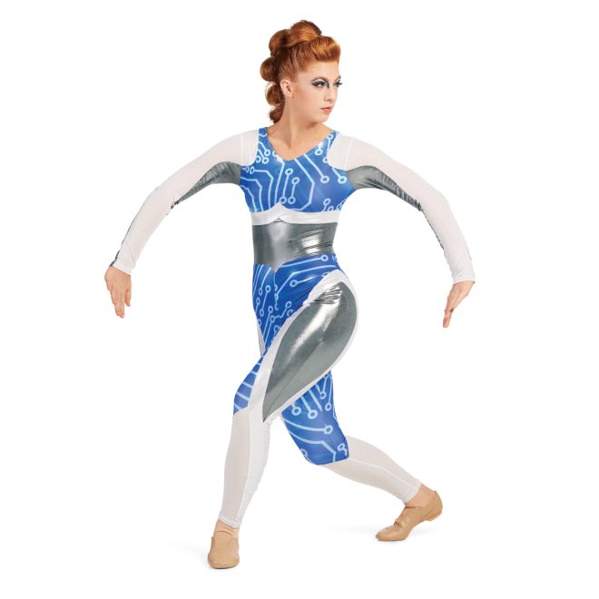 Custom long sleeve pant color guard unitard. Arms are half white mesh and half silver. White mesh continues on chest and goes into blue techno lines on body and inside of legs to knees. White rest of the inside leg up in stripe on outside leg and over hip rest of hip and outside leg is silver. Front view of model posing with arms out