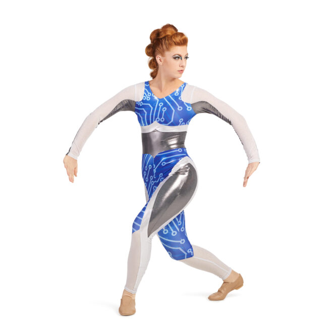 Custom long sleeve pant color guard unitard. Arms are half white mesh and half silver. White mesh continues on chest and goes into blue techno lines on body and inside of legs to knees. White rest of the inside leg up in stripe on outside leg and over hip rest of hip and outside leg is silver. Front view of model posing.