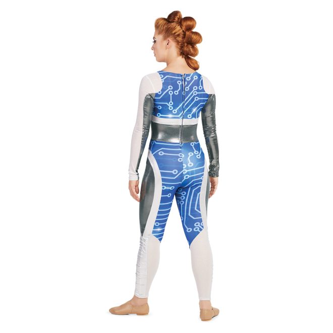 Custom long sleeve pant color guard unitard. Arms are half white mesh and half silver. White mesh continues on chest and goes into blue techno lines on body and inside of legs to knees. White rest of the inside leg up in stripe on outside leg and over hip rest of hip and outside leg is silver. Back view of model