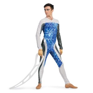Custom long sleeve pant color guard unitard. Arms are half white mesh and half silver. White mesh continues on chest and goes into blue techno lines on body and inside of legs to knees. White rest of the inside leg up in stripe on outside leg and over hip rest of hip and outside leg is silver. Front view on model holding airblade