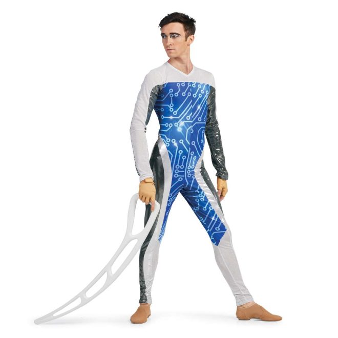 Custom long sleeve pant color guard unitard. Arms are half white mesh and half silver. White mesh continues on chest and goes into blue techno lines on body and inside of legs to knees. White rest of the inside leg up in stripe on outside leg and over hip rest of hip and outside leg is silver. Front view on model holding air blade