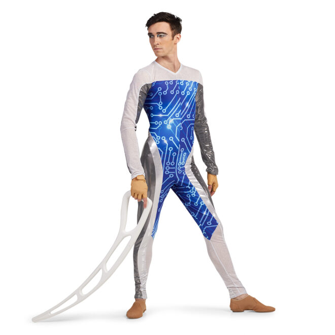 Custom long sleeve pant color guard unitard. Arms are half white mesh and half silver. White mesh continues on chest and goes into blue techno lines on body and inside of legs to knees. White rest of the inside leg up in stripe on outside leg and over hip rest of hip and outside leg is silver. Front view of model holding an Air Blade