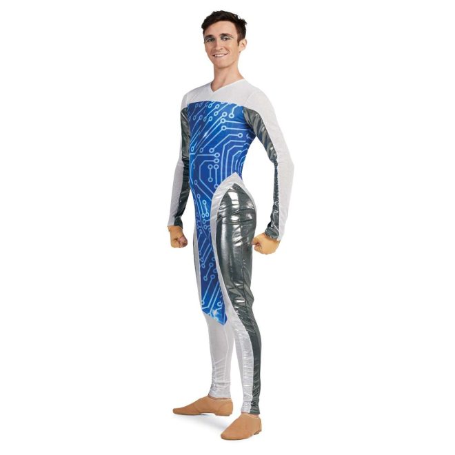 Custom long sleeve pant color guard unitard. Arms are half white mesh and half silver. White mesh continues on chest and goes into blue techno lines on body and inside of legs to knees. White rest of the inside leg up in stripe on outside leg and over hip rest of hip and outside leg is silver. Front view on model