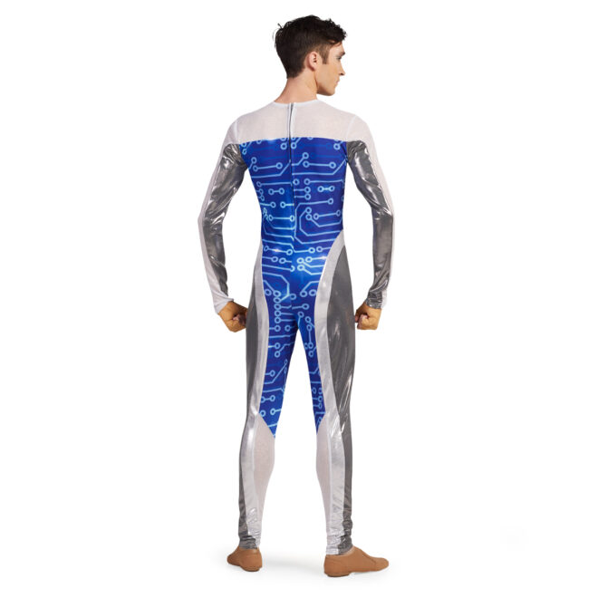Custom long sleeve pant color guard unitard. Arms are half white mesh and half silver. White mesh continues on chest and goes into blue techno lines on body and inside of legs to knees. White rest of the inside leg up in stripe on outside leg and over hip rest of hip and outside leg is silver. back view of model