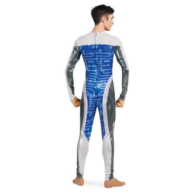 Custom long sleeve pant color guard unitard. Arms are half white mesh and half silver. White mesh continues on chest and goes into blue techno lines on body and inside of legs to knees. White rest of the inside leg up in stripe on outside leg and over hip rest of hip and outside leg is silver. Back view on model