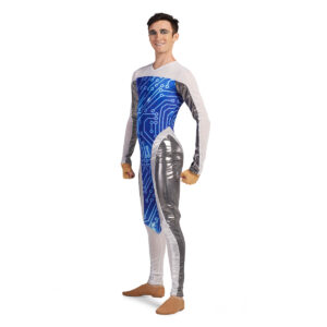 Custom long sleeve pant color guard unitard. Arms are half white mesh and half silver. White mesh continues on chest and goes into blue techno lines on body and inside of legs to knees. White rest of the inside leg up in stripe on outside leg and over hip rest of hip and outside leg is silver. Front left three-quarters view of model posing.