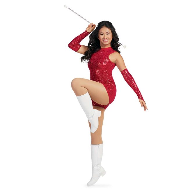 Custom sleeveless short color guard unitard. Red sequin unitard paired with white boots and red sequin gauntlets. Front view on model holding baton