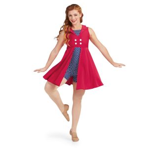 custom sleeveless color guard knee length dress. Solid red dress with navy with white polka dots in V on chest and in attached boy shorts under. Front view on model with 4 white buttons on chest