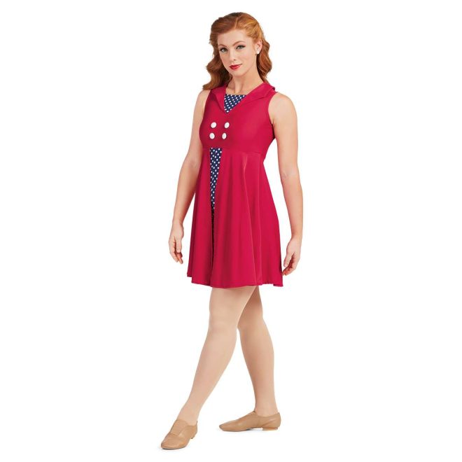 Custom sleeveless color guard knee length dress. Solid red dress with navy with white polka dots in V on chest and in attached boy shorts underneath. Front view on model with 4 white buttons on chest