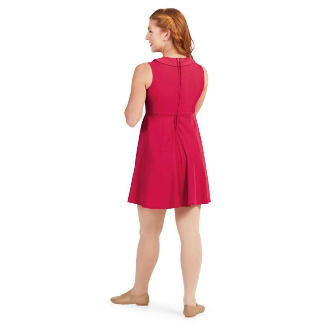 Custom sleeveless color guard knee length dress. Solid red dress with attached boy short under back view on model