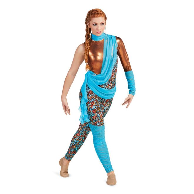 Custom legging color guard unitard. Left long gold sleeve with blue mesh over lower 3/4. Right arm sleeveless. Gold body with blue collar. Leggings are red, yellow, and blue splotched outlines in black. Right leg has blue mesh covering from knee down. Blue mesh sash from left shoulder to right hip and from right hip to top of left thigh and ruffle coming off right hip. Front view on model