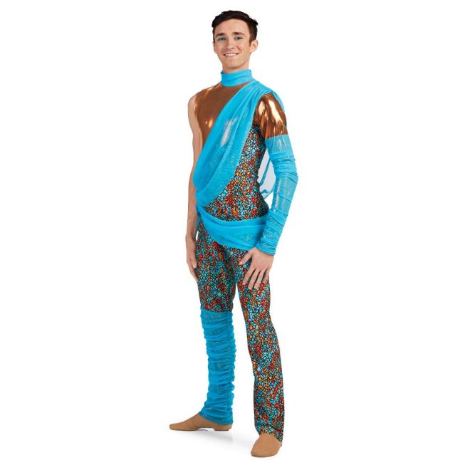 Custom long pant color guard unitard. Left long gold sleeve with blue mesh over lower 3/4. Right arm sleeveless. Gold body with blue collar. Pants are red, yellow, and blue splotched outlines in black. Right leg has blue mesh covering from knee down. Blue mesh sash from left shoulder to right hip and from right hip to top of left thigh and ruffle coming off right hip. Front view on model