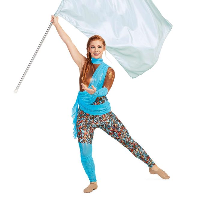 Custom legging color guard unitard. Left long gold sleeve with blue mesh over lower 3/4. Right arm sleeveless. Gold body with blue collar. Leggings are red, yellow, and blue splotched outlines in black. Right leg has blue mesh covering from knee down. Blue mesh sash from left shoulder to right hip and from right hip to top of left thigh and ruffle coming off right hip. Front view on model holding white flag