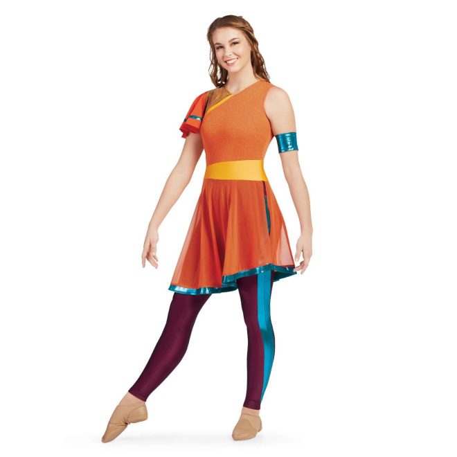 Custom legging color guard unitard. Left sleeveless orange shoulder continuing diagonally to under right arm. Right arm orange with turquoise stripe sleeve and rest of shoulder dark gold. Yellow belt with orange mesh skirt with turquoise trim. Maroon leggings with turquoise stripe underneath. Front view on model with turquoise cuff on left arm