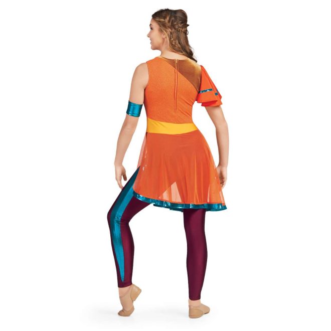 Custom legging color guard unitard. Left sleeveless orange shoulder continuing diagonally to under right arm. Right arm orange with turquoise stripe sleeve and rest of shoulder dark gold. Yellow belt with orange mesh skirt with turquoise trim. Maroon leggings with turquoise stripe underneath. Back view on model with turquoise cuff on left arm