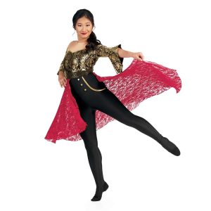 Custom 3/4 sleeve legging color guard uniform. Tan shoulders, Black with gold floral pattern back and bell sleeves, black and gold sequin belt, black leggings with gold buttons and fake gold pocket outline. Red floral lace half skirt in back knee length. Front view on model