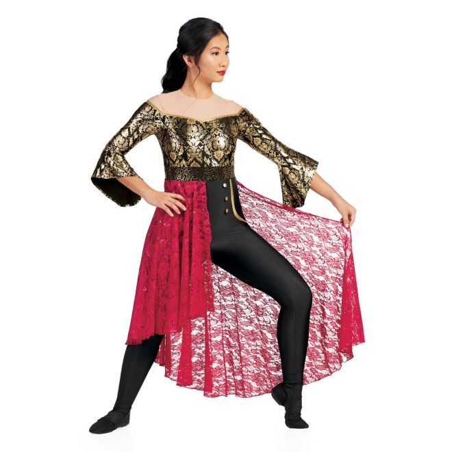 Custom 3/4 sleeve legging color guard uniform. Tan shoulders, Black with gold floral pattern back and bell sleeves, black and gold sequin belt, black leggings with gold buttons and fake gold pocket outline. Red floral lace half skirt in back knee length. Front view on model