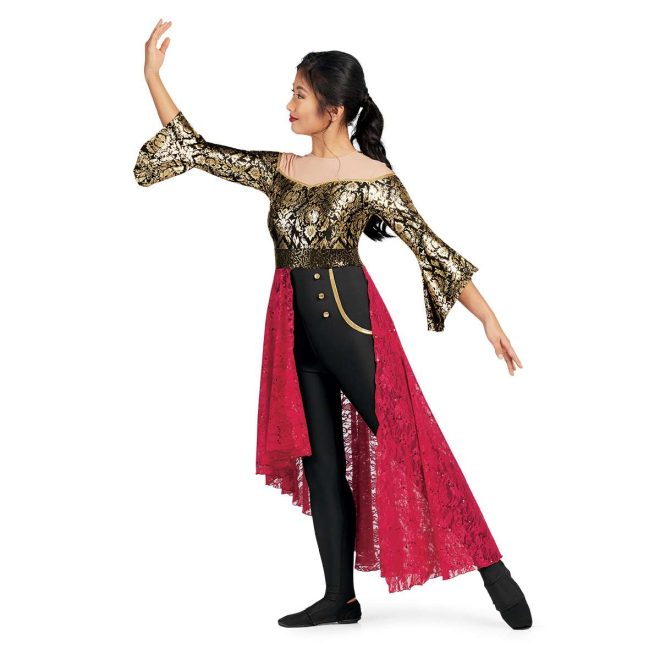 Custom 3/4 sleeve legging color guard uniform. Tan shoulders, Black with gold floral pattern back and bell sleeves, black and gold sequin belt, black leggings with gold buttons and fake gold pocket outline. Red floral lace half skirt in back knee length. Front view on model