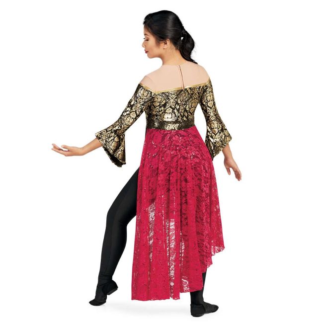 Custom 3/4 sleeve legging color guard uniform. Tan shoulders, Black with gold floral pattern back and bell sleeves, black leggings. Red floral lace half skirt in back knee length. Back view on model