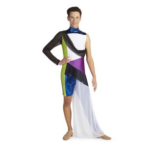 Custom color guard unitard. Sleeveless left arm, black mesh right arm. Blue metallic neck, Upper body white on majority of chest, green on right, black mesh sash from left arm to right hip. Triangle of purple on lower left then black ruffle at angle. Blue metallic short with continuation of green on right and blue metallic long pant on left. Left half has white mesh skirt to floor. Front view on model