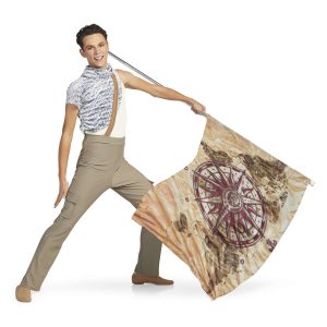Custom pant color guard unitard. Sleeveless cream top with grey and white heather shirt over that only covers right side from left shoulder to right hip has short sleeve on right arm with cowl neck. Light brown strap from left shoulder to top of right pant. Pants are khaki with pockets on side of knees. Front view of model holding brown map flag with compass