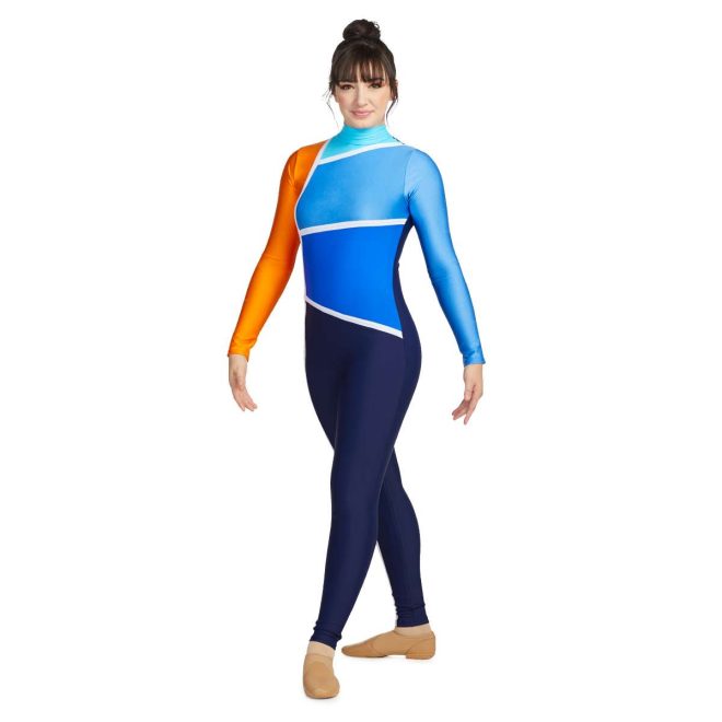 Close up of custom navy, orange, brown and blue long sleeve color guard tunic with left blue sleeve and right orange sleeve. Shades of blue and orange sections separated by white stripes with navy pants with brown stripe front view on model