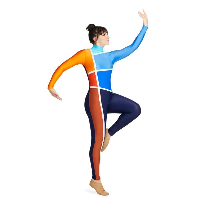 Close up of custom navy, orange, brown and blue long sleeve color guard tunic with left blue sleeve and right orange sleeve. Shades of blue and orange sections separated by white stripes with navy pants with brown stripe front view on model