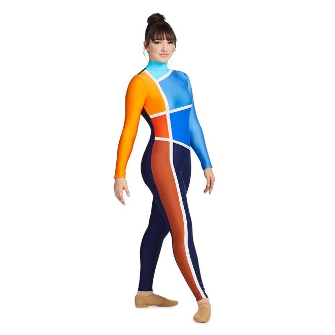 Close up of custom navy, orange, brown and blue long sleeve color guard tunic with left blue sleeve and right orange sleeve. Shades of blue and orange sections separated by white stripes with navy pants with brown stripe front view on model