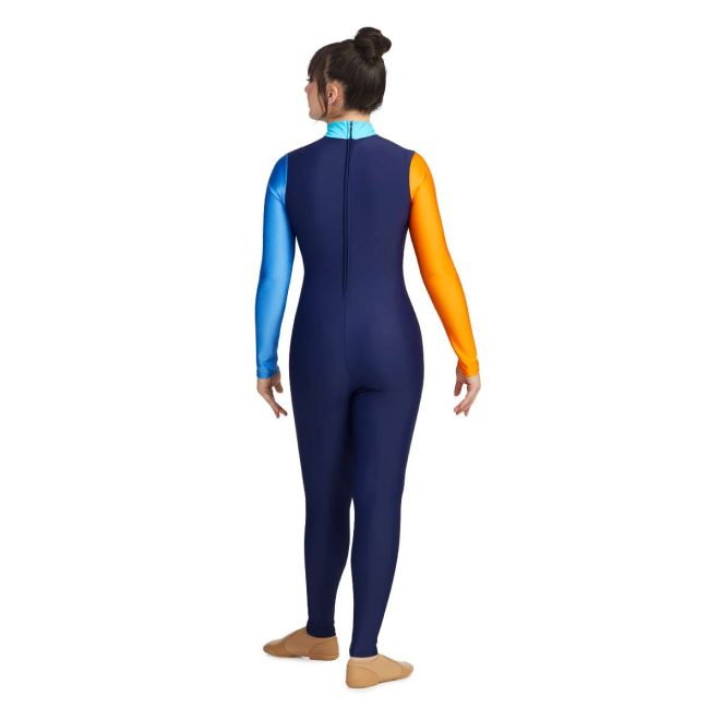 custom navy long sleeve color guard unitard with left blue sleeve and right orange sleeve with navy leggings back view on model