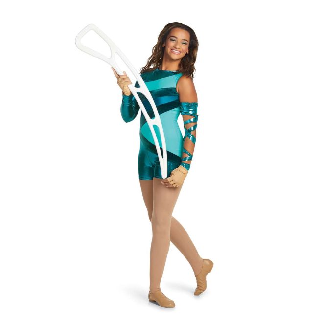 Custom boy short color guard unitard. Right arm sleeveless, left arm long sleeve metallic blue. Body has pieces of shades of blue and shorts are metallic blue. Front view on model with metallic blue fabric wrapped around left arm holding airblade