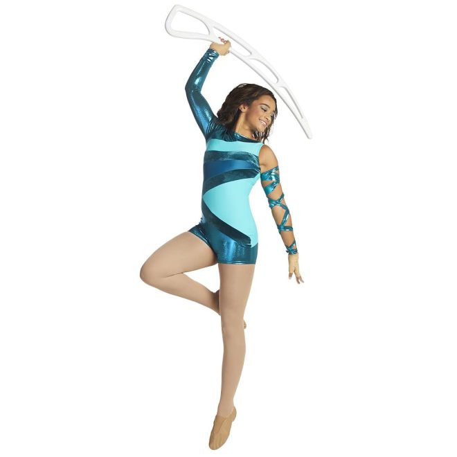 Custom boy short color guard unitard. Right arm sleeveless, left arm long sleeve metallic blue. Body has pieces of shades of blue and shorts are metallic blue. Front view on model with metallic blue fabric wrapped around left arm holding airblade