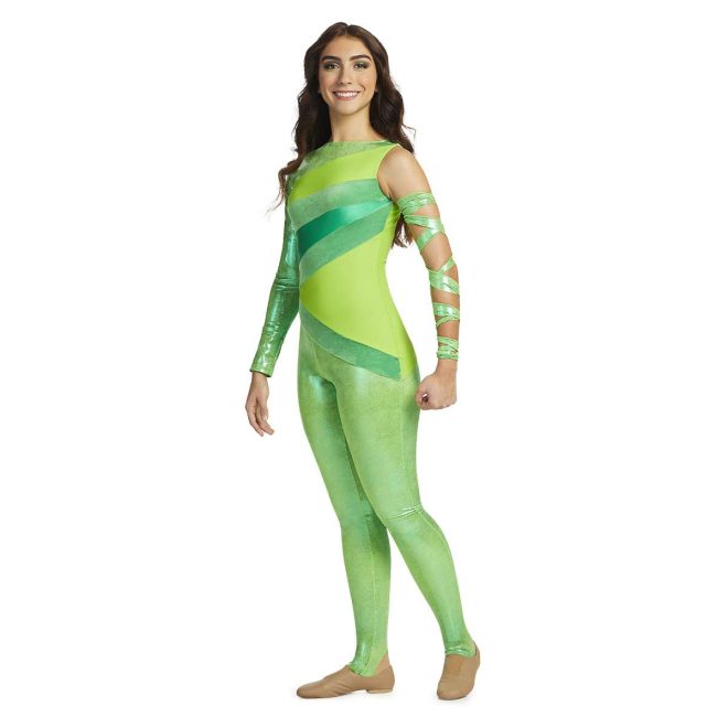 Custom legging color guard unitard. Right arm sleeveless, left arm long sleeve metallic green. Body has pieces of shades of green and leggings are metallic green. Front view on model with metallic green fabric wrapped around left arm