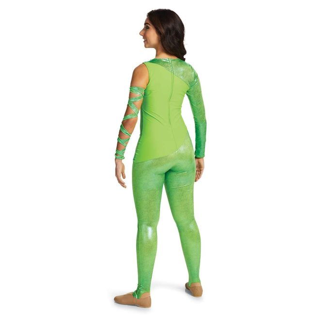 Custom legging color guard unitard. Right arm sleeveless, left arm long sleeve metallic green. Body is solid green and leggings are metallic green. Back view on model with metallic green fabric wrapped around left arm