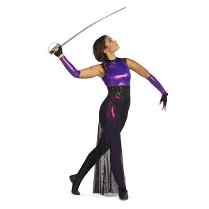Custom sleeveless legging color guard unitard. Purple and pink mixture upper back, black sequin belt. Right leg the purple and pink pattern with black mesh over. Left leg solid black. Front view on model with purple and pink pattern gauntlets holding sabre