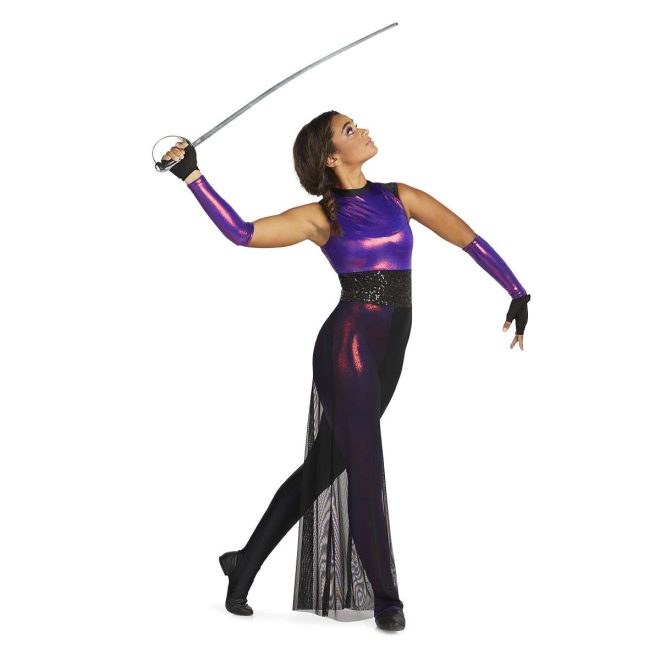 Custom sleeveless legging color guard unitard. Purple and pink mixture upper back, black sequin belt. Right leg the purple and pink pattern with black mesh over. Left leg solid black. Front view on model with purple and pink pattern gauntlets holding sabre