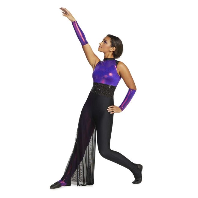 Custom sleeveless legging color guard unitard. Purple and pink mixture upper back, black sequin belt. Right leg the purple and pink pattern with black mesh over. Left leg solid black. Front view on model with purple and pink pattern gauntlets.
