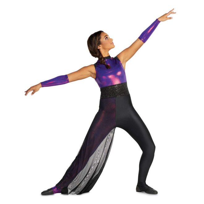 Custom sleeveless legging color guard unitard. Purple and pink mixture upper back, black sequin belt. Right leg the purple and pink pattern with black mesh over. Left leg solid black. Front view on model with purple and pink pattern gauntlets.