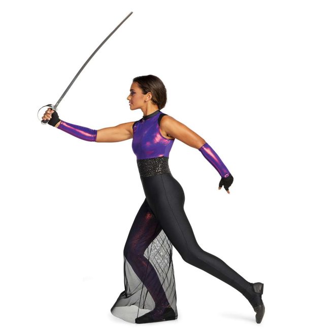 Custom sleeveless legging color guard unitard. Purple and pink mixture upper back, black sequin belt. Right leg the purple and pink pattern with black mesh over. Left leg solid black. Side view on model with purple and pink pattern gauntlets and holding sabre
