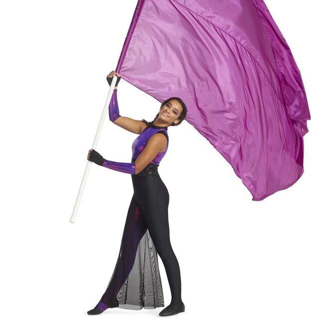 Custom sleeveless legging color guard unitard. Purple and pink mixture upper back, black sequin belt. Right leg the purple and pink pattern with black mesh over. Left leg solid black. Side view on model with purple and pink pattern gauntlets and holding purple flag