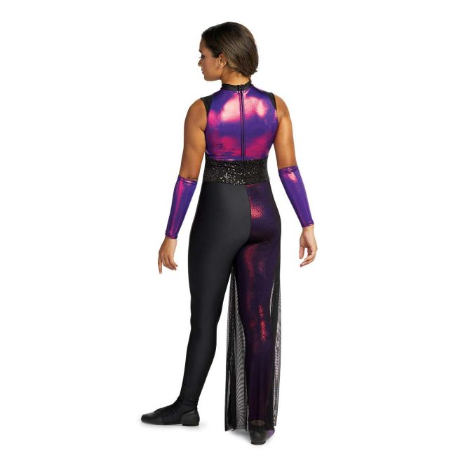 Custom sleeveless legging color guard unitard. Purple and pink mixture upper back, black sequin belt. Right leg the purple and pink pattern with black mesh over. Left leg solid black. Back view on model with purple and pink pattern gauntlets.