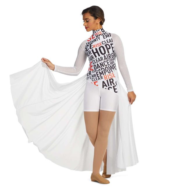 Custom long sleeve boy short color guard unitard. White mesh sleeves, white background with orange and black inspirational words. White boy shorts with white mesh back half floor length skirt. Front view on model