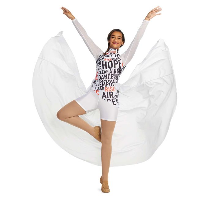 Custom long sleeve boy short color guard unitard. White mesh sleeves, white background with orange and black inspirational words. White boy shorts with white mesh back half floor length skirt. Front view on model