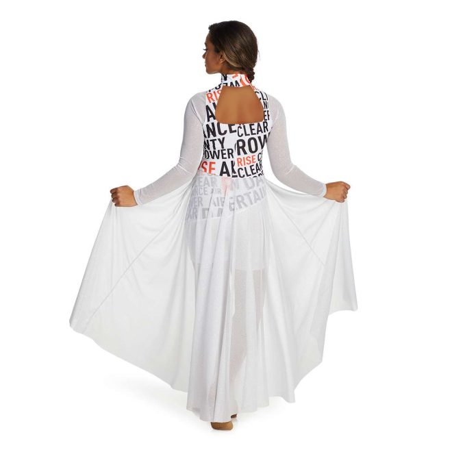 Custom long sleeve boy short color guard unitard. White mesh sleeves, white background with orange and black inspirational words with keyhole cutout. White boy shorts with white mesh back half floor length skirt. Back view on model