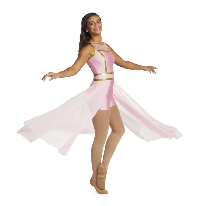 Custom sleeveless shorts color guard unitard. Pink mesh shoulders, pink body and boy shorts. Gold trim and two strips around waist. Pink mesh floor length back half skirt. Front view on model