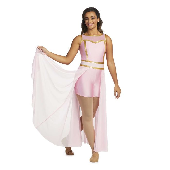 Custom sleeveless shorts color guard unitard. Pink mesh shoulders, pink body and boy shorts. Gold trim and two strips around waist. Pink mesh floor length back half skirt. Front view on model