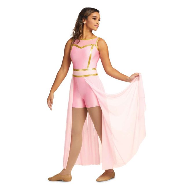 Custom sleeveless shorts color guard unitard. Pink mesh shoulders, pink body and boy shorts. Gold trim and two strips around waist. Pink mesh floor length back half skirt. Front view on model
