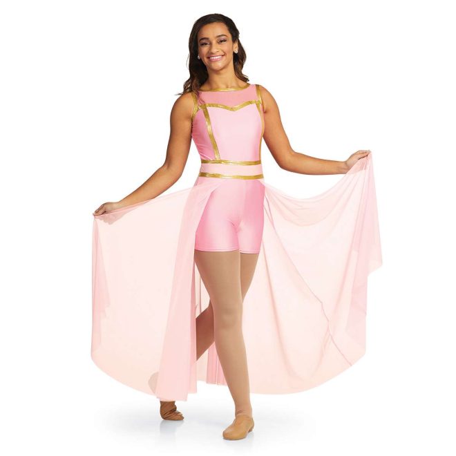 Custom sleeveless shorts color guard unitard. Pink mesh shoulders, pink body and boy shorts. Gold trim and two strips around waist. Pink mesh floor length back half skirt. Front view on model