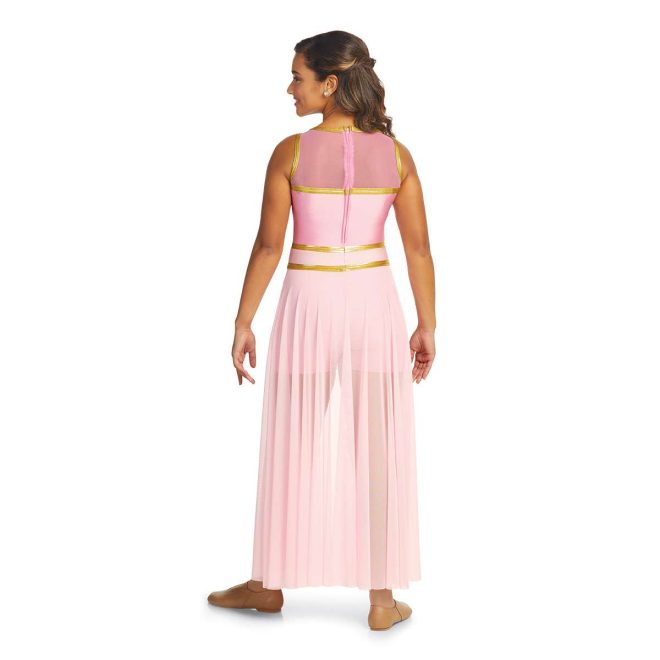 Custom sleeveless shorts color guard unitard. Pink mesh shoulders, pink body and boy shorts. Gold trim and two strips around waist. Pink mesh floor length back half skirt. Back view on model