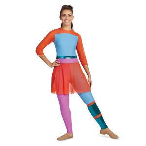 Custom 3/4 sleeve legging color guard unitard. Orange neck and sleeves, light blue chest, strip of metallic turquoise, strip of pink, right leg pink. Left leg blue down to knee, orange stripe, metallic turquoise, orange stripe, then metallic turquoise. Orange mesh skirt front view on model